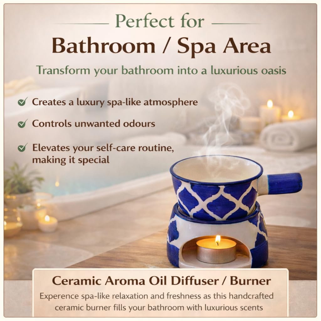 KunhaR Ceramic Aroma Diffuser and Oil Burner, Multi-Purpose Fondue for Essential Oils, Camphor and Wax Melts, Home Office Meditation Use (Blue)