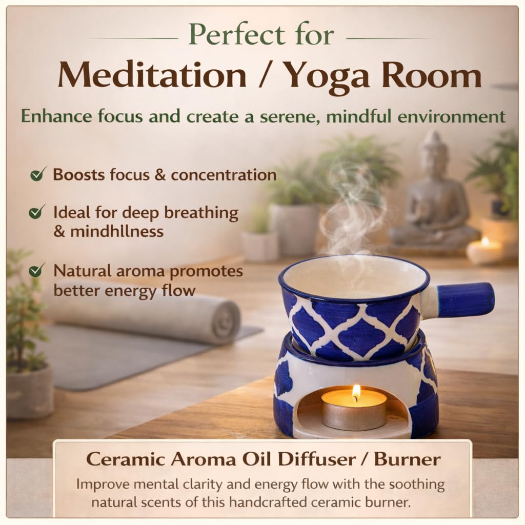 KunhaR Ceramic Aroma Diffuser and Oil Burner, Multi-Purpose Fondue for Essential Oils, Camphor and Wax Melts, Home Office Meditation Use (Blue)