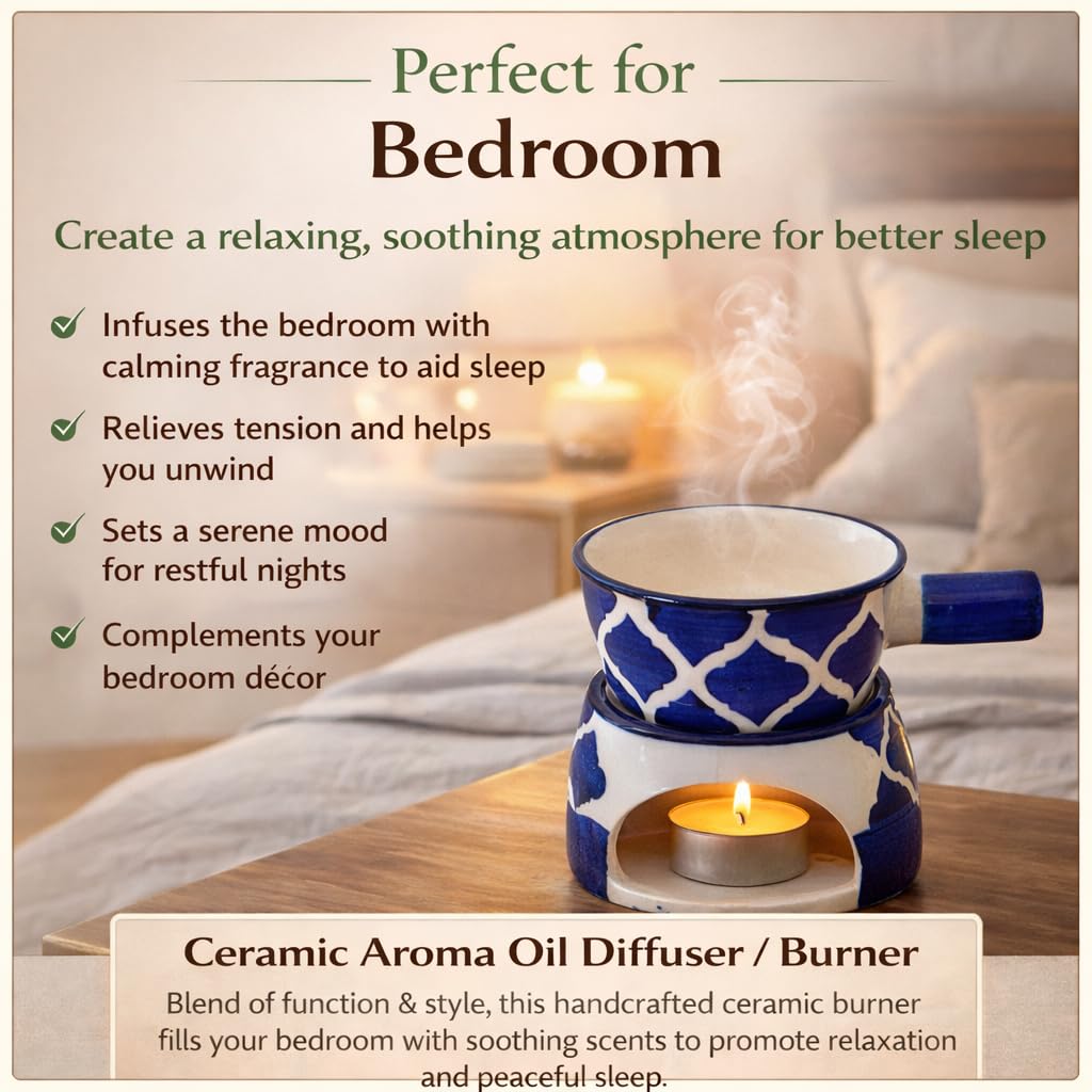 KunhaR Ceramic Aroma Diffuser and Oil Burner, Multi-Purpose Fondue for Essential Oils, Camphor and Wax Melts, Home Office Meditation Use (Blue)