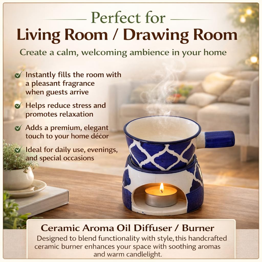 KunhaR Ceramic Aroma Diffuser and Oil Burner, Multi-Purpose Fondue for Essential Oils, Camphor and Wax Melts, Home Office Meditation Use (Blue)