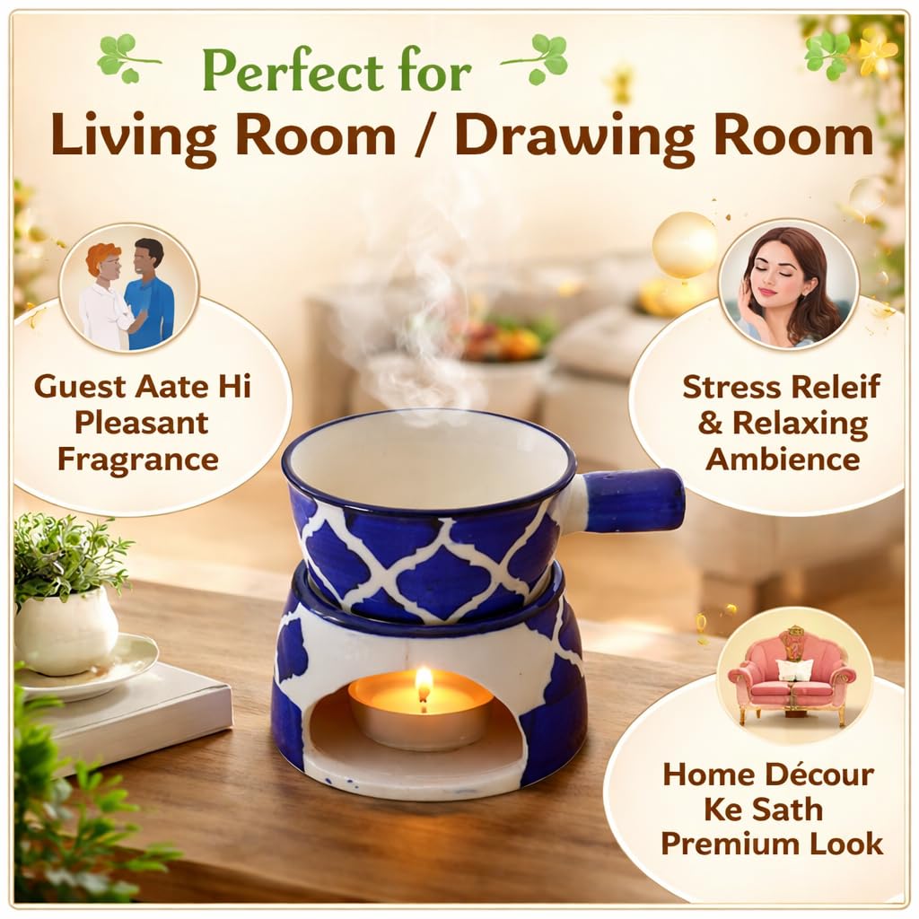 KunhaR Ceramic Aroma Diffuser and Oil Burner, Multi-Purpose Fondue for Essential Oils, Camphor and Wax Melts, Home Office Meditation Use (Blue)