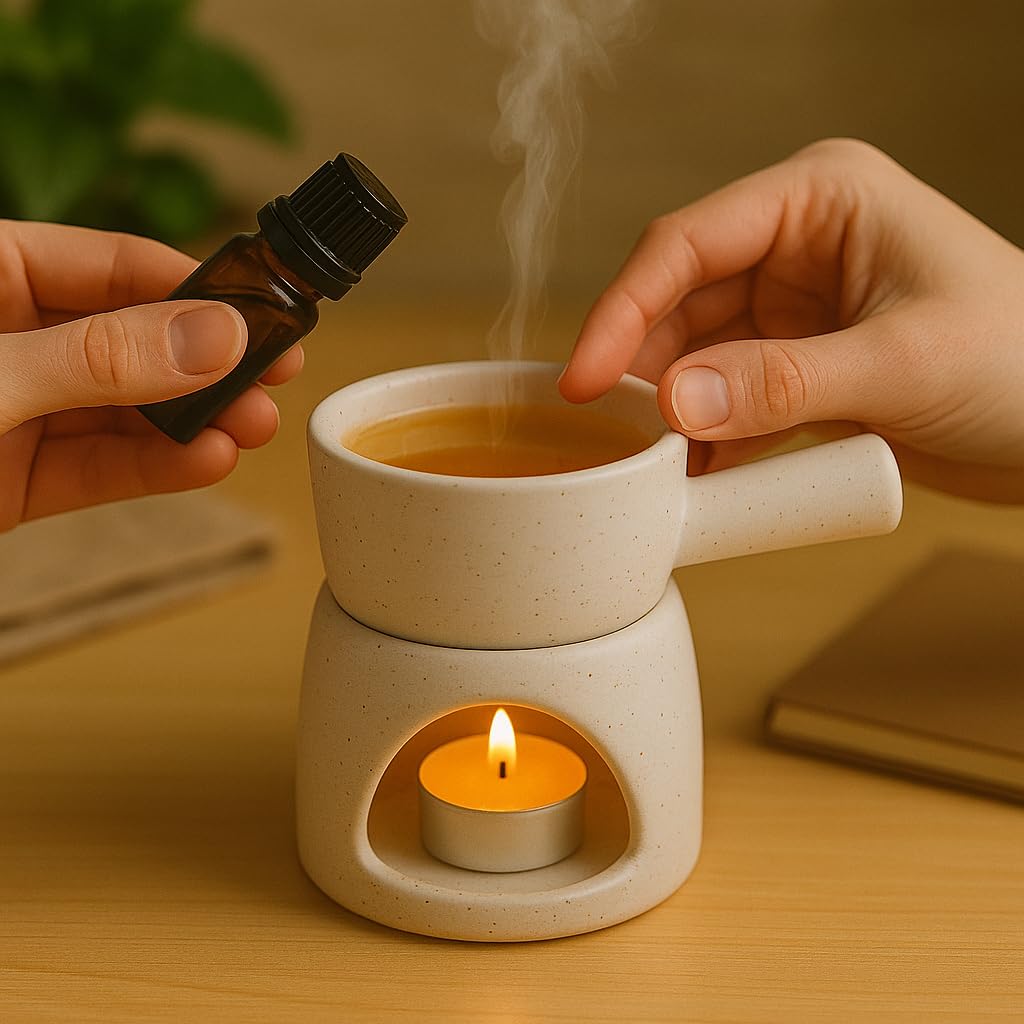 KunhaR Ceramic Aroma Diffuser and Oil Burner, Multi-Purpose Fondue for Essential Oils, Camphor and Wax Melts, Home Office Meditation Use (White)