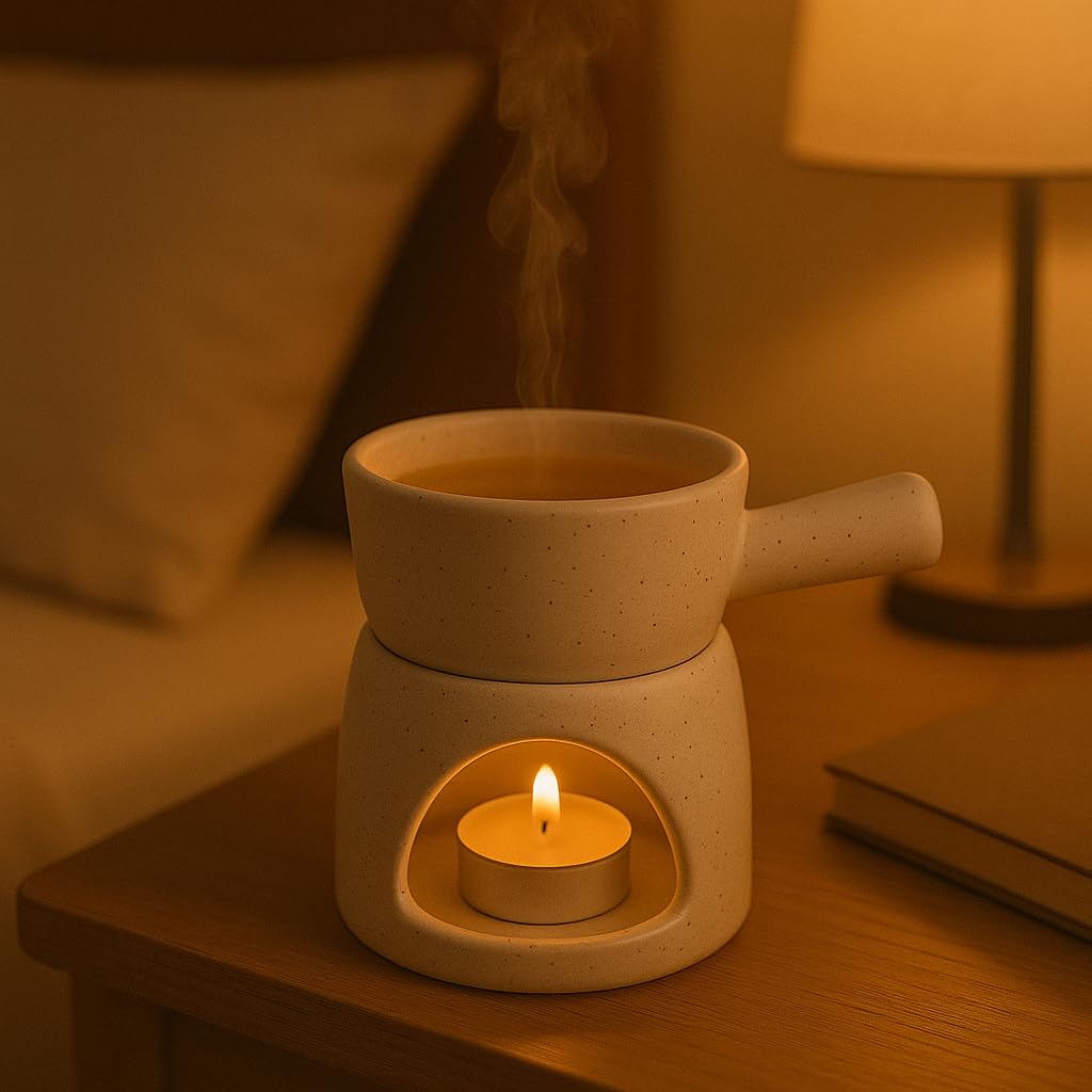 KunhaR Ceramic Aroma Diffuser and Oil Burner, Multi-Purpose Fondue for Essential Oils, Camphor and Wax Melts, Home Office Meditation Use (White)