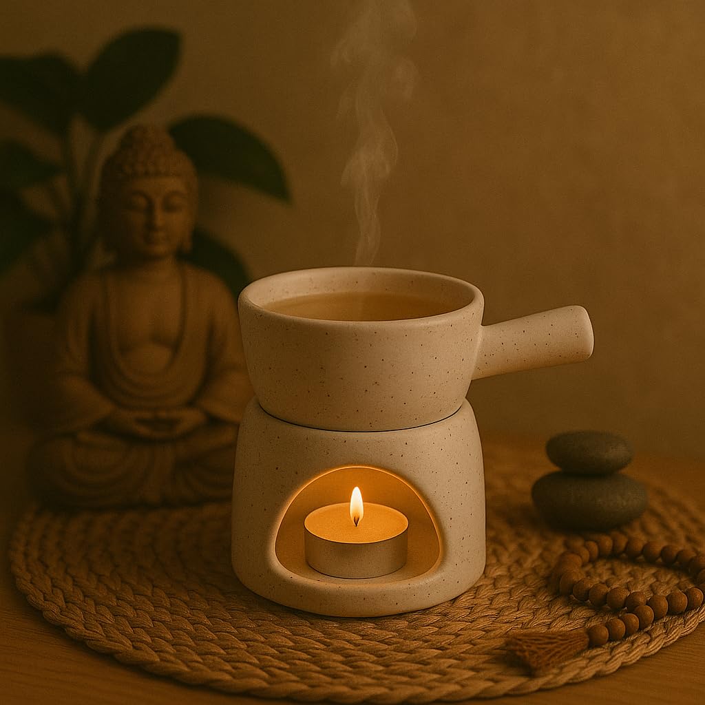 KunhaR Ceramic Aroma Diffuser and Oil Burner, Multi-Purpose Fondue for Essential Oils, Camphor and Wax Melts, Home Office Meditation Use (White)