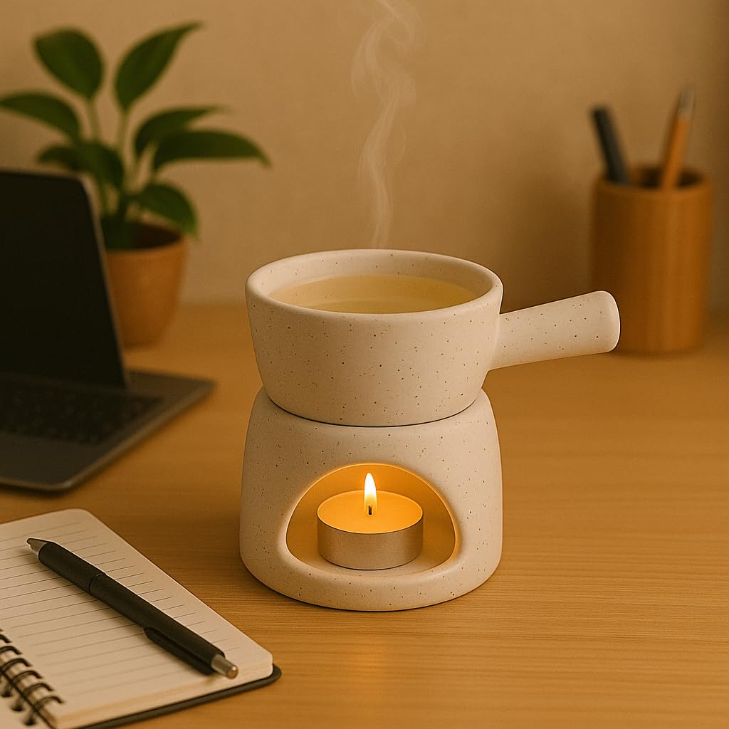 KunhaR Ceramic Aroma Diffuser and Oil Burner, Multi-Purpose Fondue for Essential Oils, Camphor and Wax Melts, Home Office Meditation Use (White)