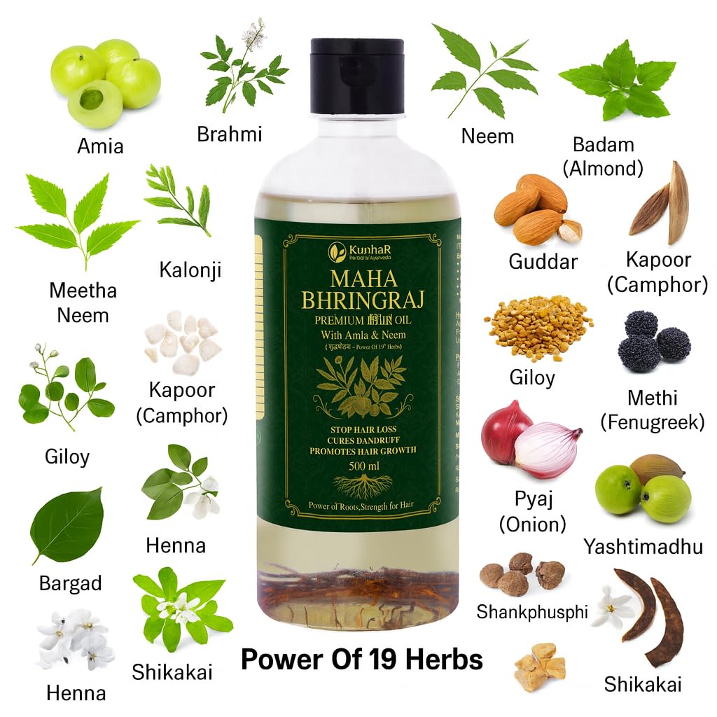 KunhaR Maha Bhringraj Premium Hair Oil with Amla & Neem - 500 ml (Pack of 2) - Reduces Hair Fall, Cures Dandruff – Ayurvedic Herbal Formula – Power of Roots