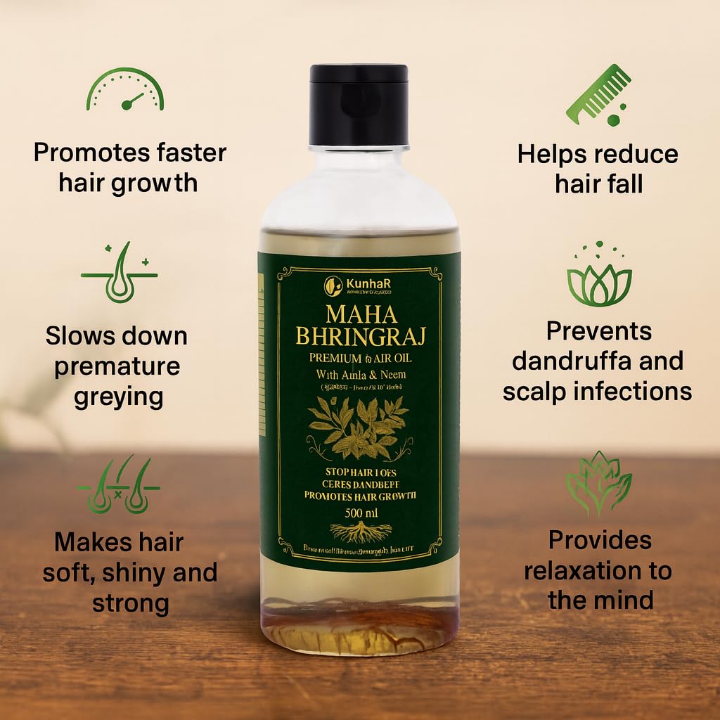 KunhaR Maha Bhringraj Premium Hair Oil with Amla & Neem - 500 ml (Pack of 2) - Reduces Hair Fall, Cures Dandruff – Ayurvedic Herbal Formula – Power of Roots