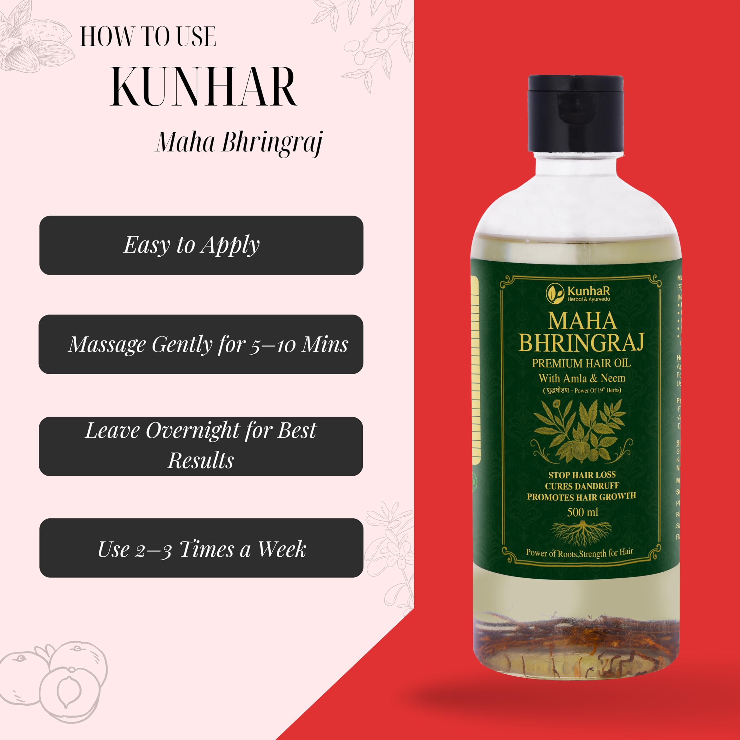 KunhaR Maha Bhringraj Premium Hair Oil with Amla & Neem - 500 ml (Pack of 2) - Reduces Hair Fall, Cures Dandruff – Ayurvedic Herbal Formula – Power of Roots