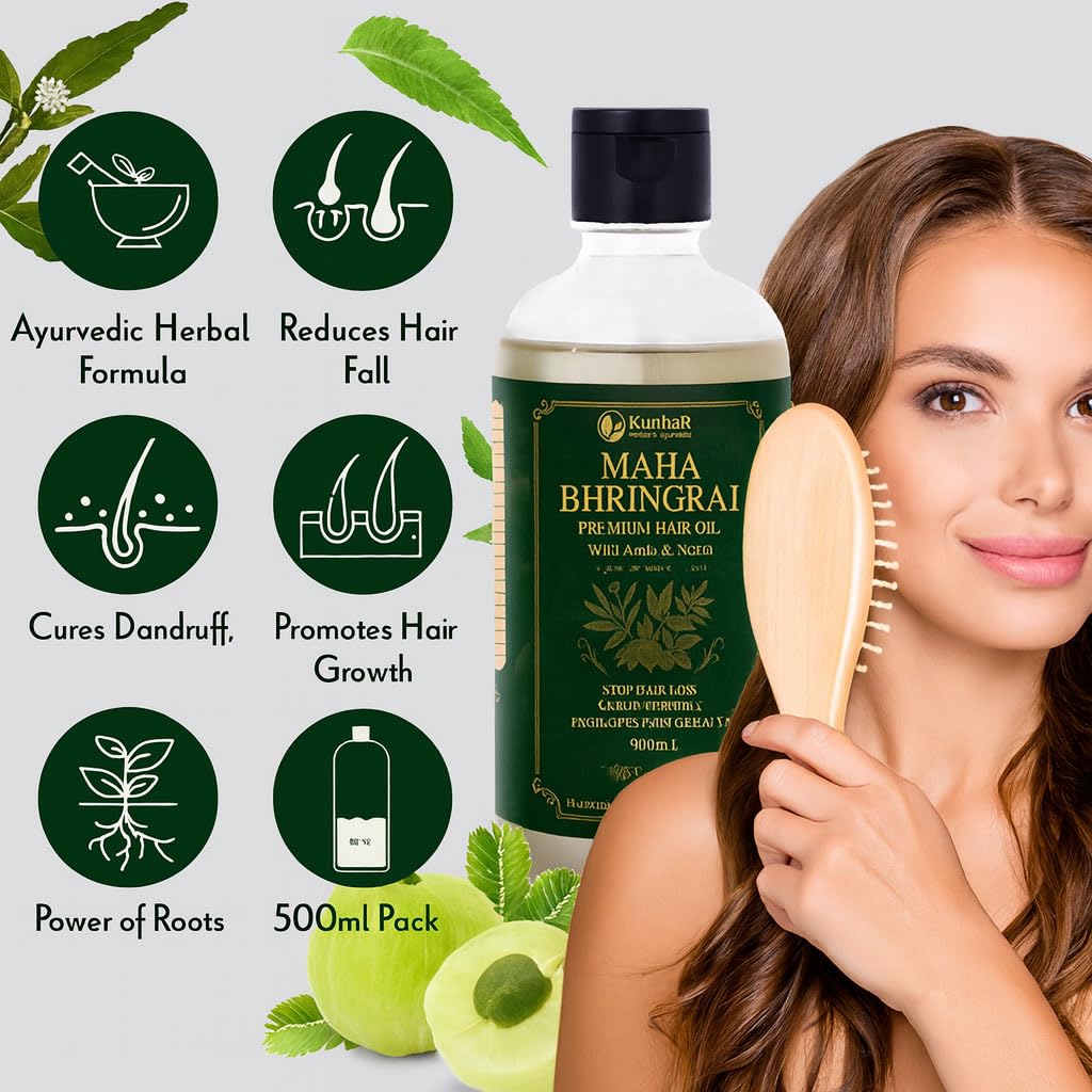 KunhaR Maha Bhringraj Premium Hair Oil with Amla & Neem - 500 ml (Pack of 2) - Reduces Hair Fall, Cures Dandruff – Ayurvedic Herbal Formula – Power of Roots