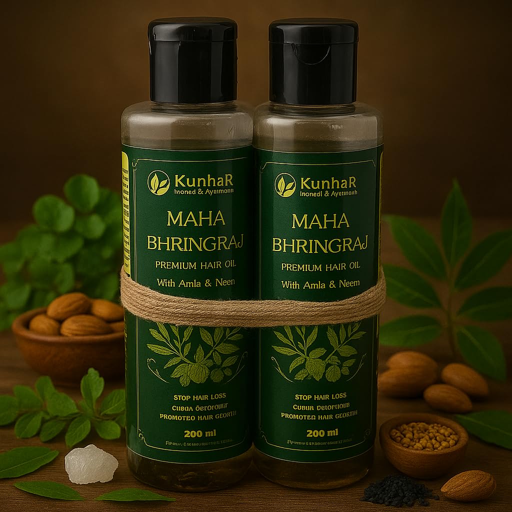KunhaR Maha Bhringraj Premium Hair Oil with Amla & Neem - 200 ml (Pack of 2) - Reduces Hair Fall, Cures Dandruff – Ayurvedic Herbal Formula – Power of Roots