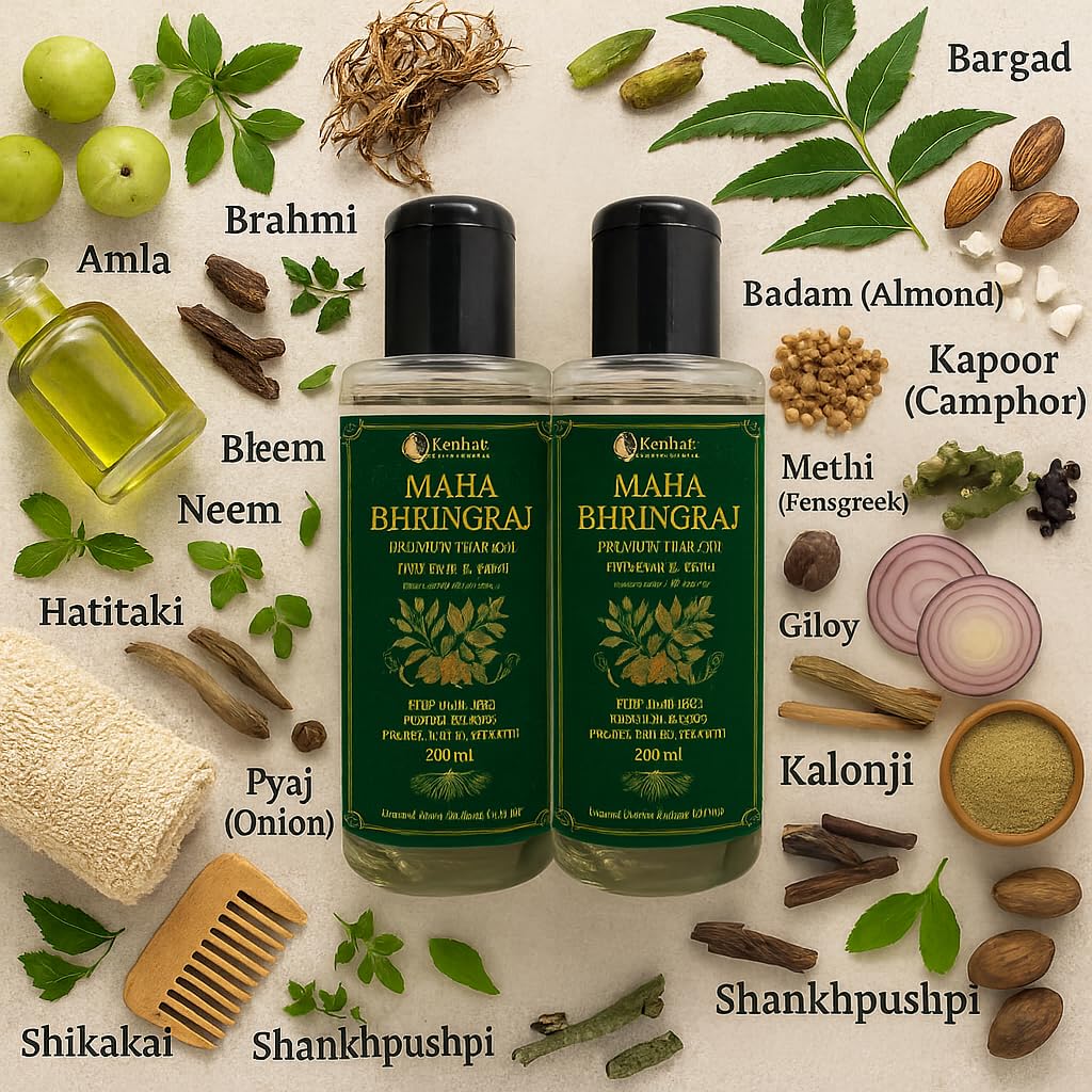 KunhaR Maha Bhringraj Premium Hair Oil with Amla & Neem - 200 ml (Pack of 2) - Reduces Hair Fall, Cures Dandruff – Ayurvedic Herbal Formula – Power of Roots