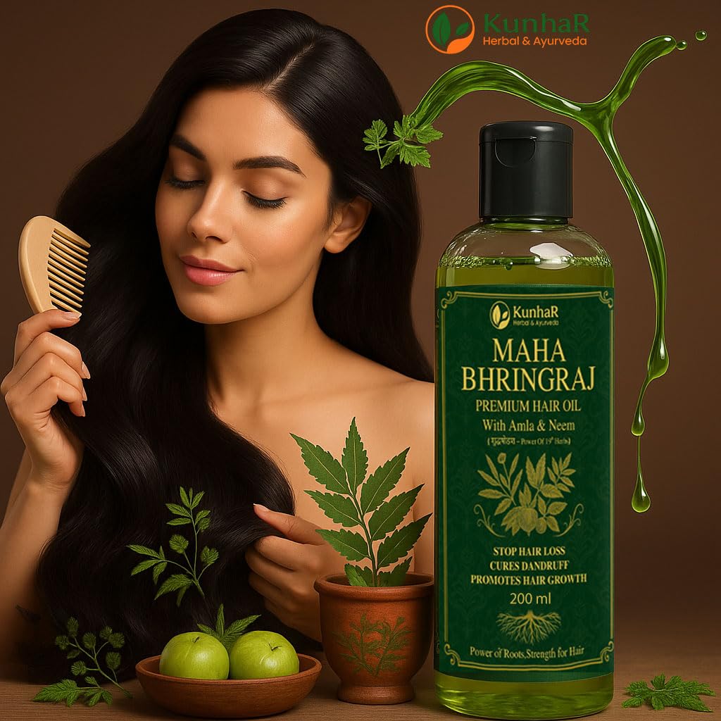 KunhaR Maha Bhringraj Premium Hair Oil with Amla & Neem - 200 ml (Pack of 2) - Reduces Hair Fall, Cures Dandruff – Ayurvedic Herbal Formula – Power of Roots