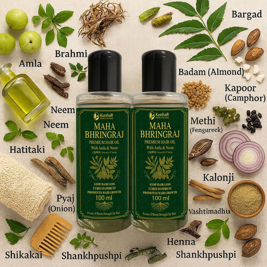 KunhaR Maha Bhringraj Premium Hair Oil with Amla & Neem - 100 ml (Pack of 2) - Reduces Hair Fall, Cures Dandruff – Ayurvedic Herbal Formula – Power of Roots