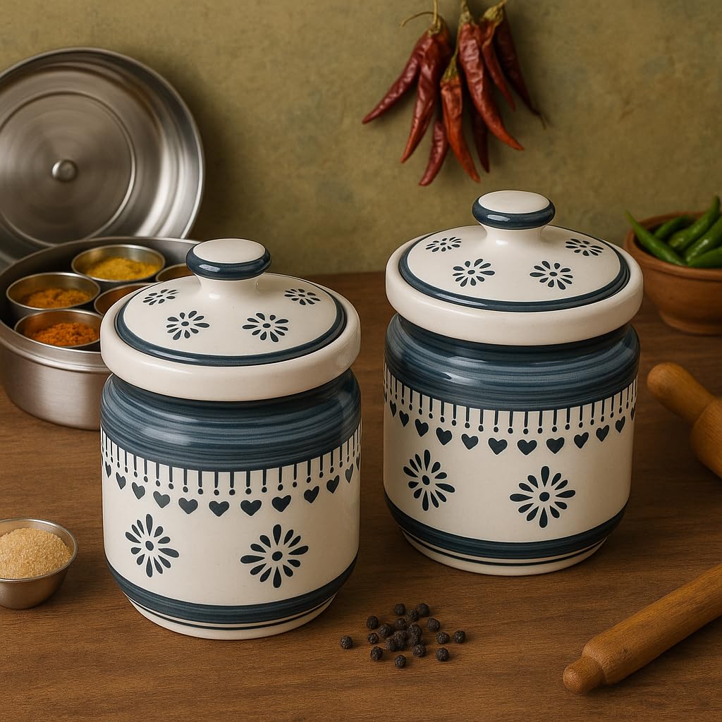 Kunhar Ceramic Barni Grey Desert Sand Floral Pattern 1000ml Set of 2 with Lid | Handcrafted Pickle Jar | Storage Jar for Spices, Chutney, Achar, Salt, Sugar