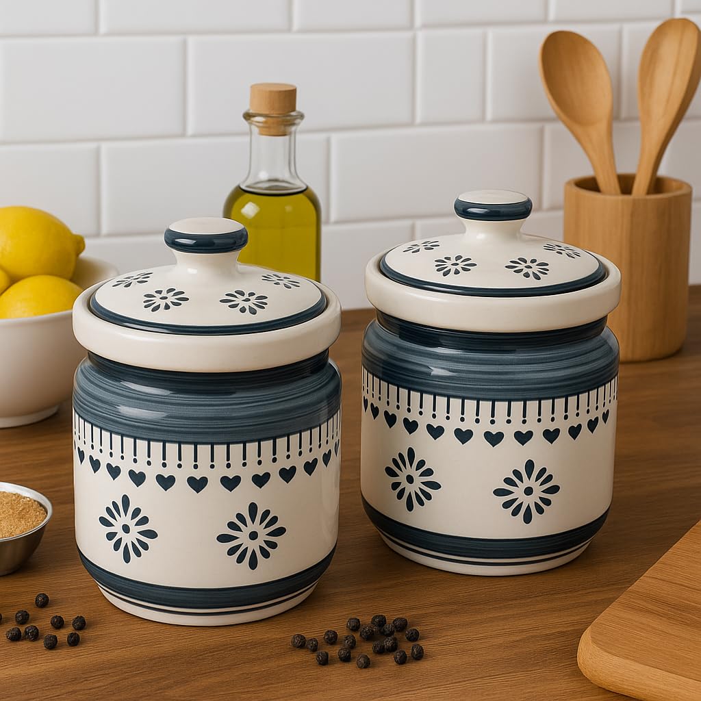 Kunhar Ceramic Barni Grey Desert Sand Floral Pattern 1000ml Set of 2 with Lid | Handcrafted Pickle Jar | Storage Jar for Spices, Chutney, Achar, Salt, Sugar