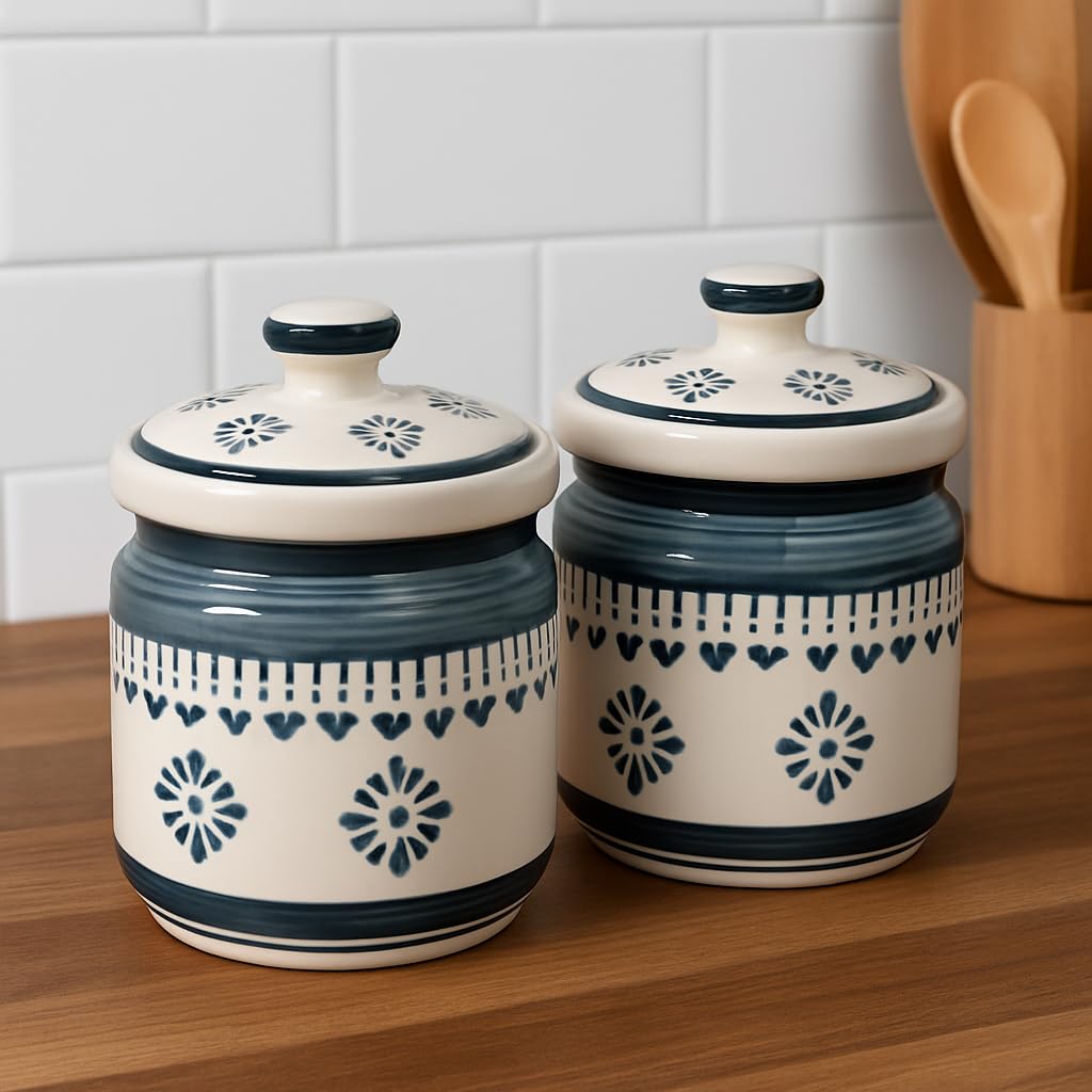 Kunhar Ceramic Barni Grey Desert Sand Floral Pattern 1000ml Set of 2 with Lid | Handcrafted Pickle Jar | Storage Jar for Spices, Chutney, Achar, Salt, Sugar