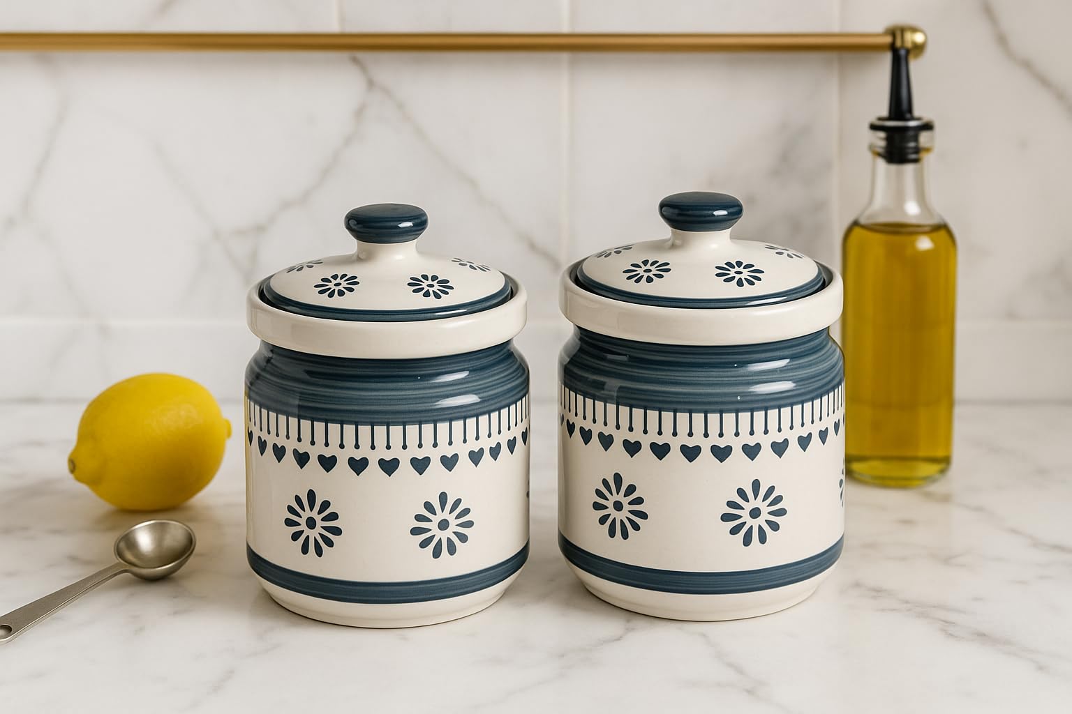 Kunhar Ceramic Barni Grey Desert Sand Floral Pattern 1000ml Set of 2 with Lid | Handcrafted Pickle Jar | Storage Jar for Spices, Chutney, Achar, Salt, Sugar