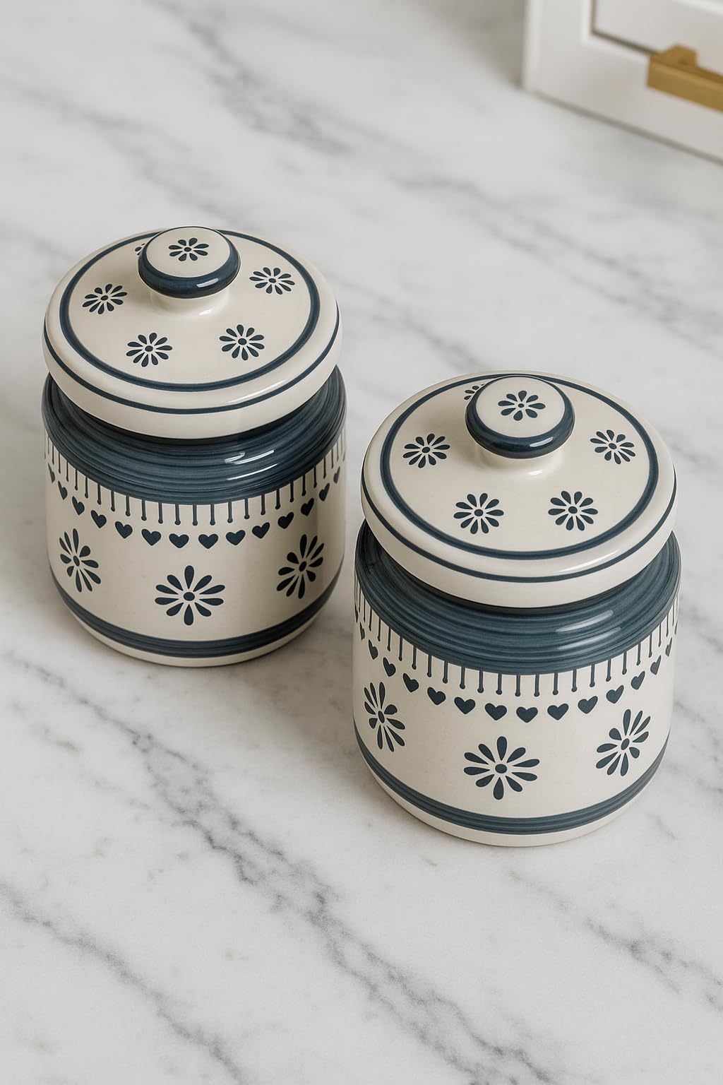 Kunhar Ceramic Barni Grey Desert Sand Floral Pattern 1000ml Set of 2 with Lid | Handcrafted Pickle Jar | Storage Jar for Spices, Chutney, Achar, Salt, Sugar