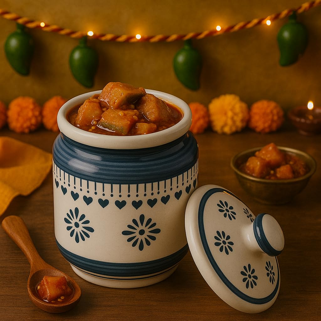 Kunhar Ceramic Barni Grey Desert Sand Floral Pattern 1000ml Set of 2 with Lid | Handcrafted Pickle Jar | Storage Jar for Spices, Chutney, Achar, Salt, Sugar