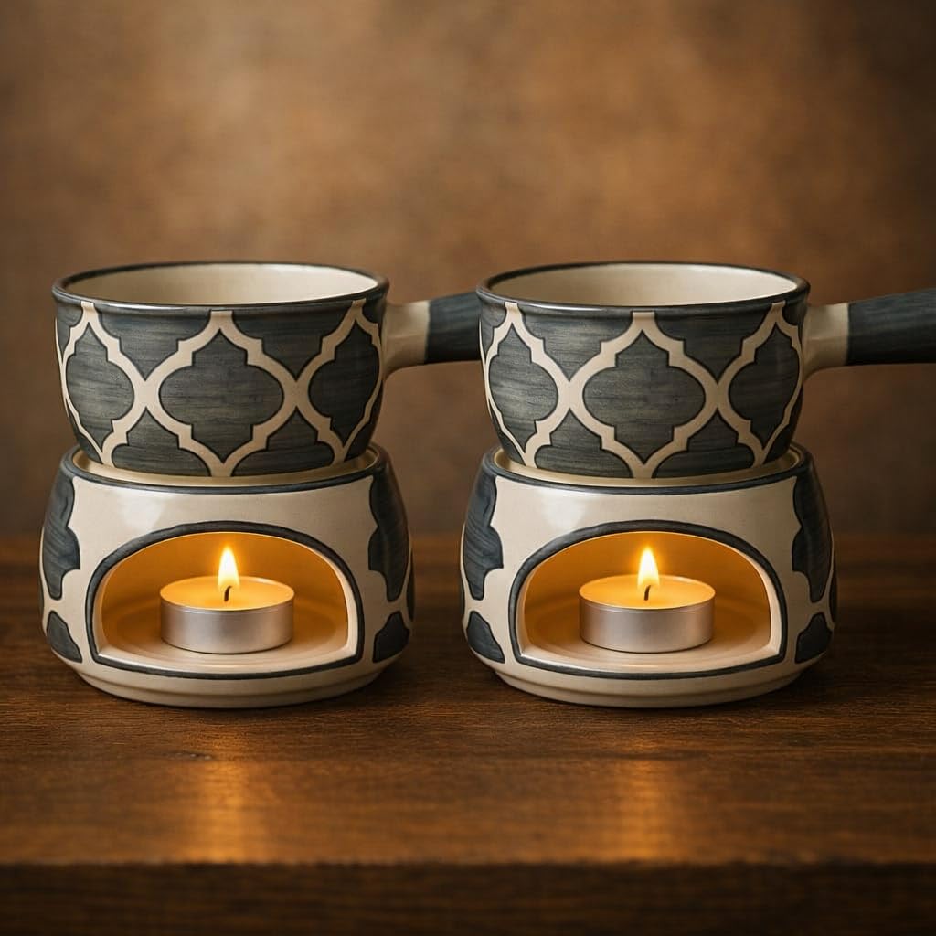 KunhaR Ceramic Fondue Set with Tea Light, 2 Pieces (Grey)