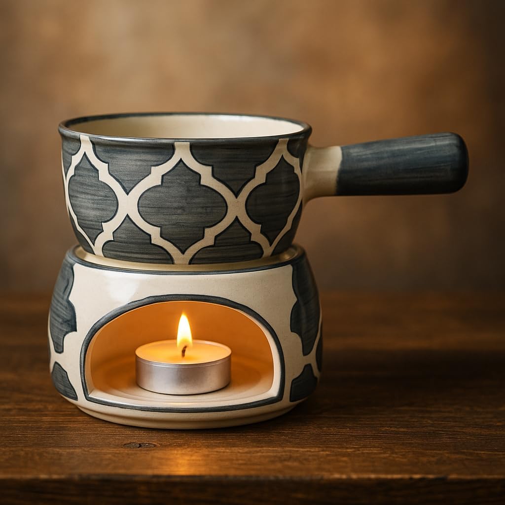 KunhaR Ceramic Fondue Set with Tea Light, 2 Pieces (Grey)