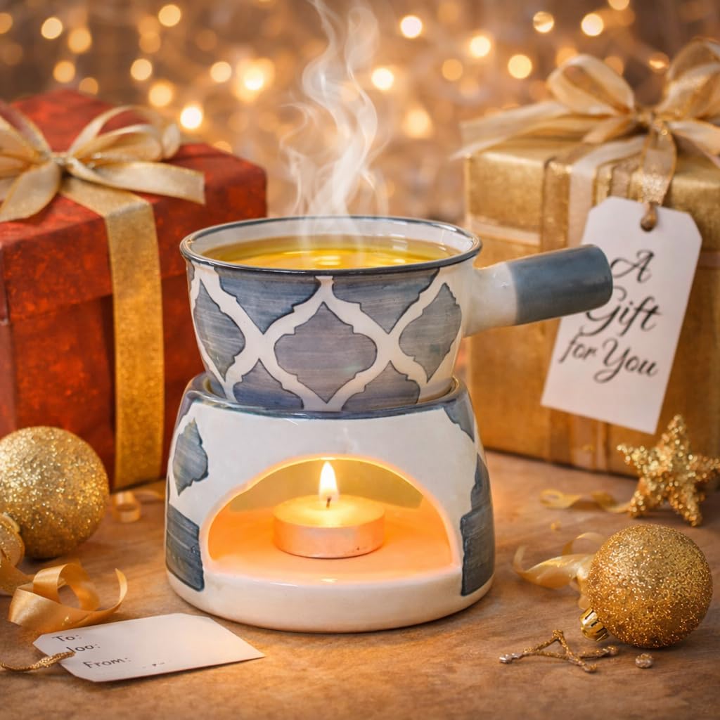 KunhaR Ceramic Aroma Diffuser and Oil Burner, Multi-Purpose Fondue for Essential Oils, Camphor and Wax Melts, Home Office Meditation Use (Grey)