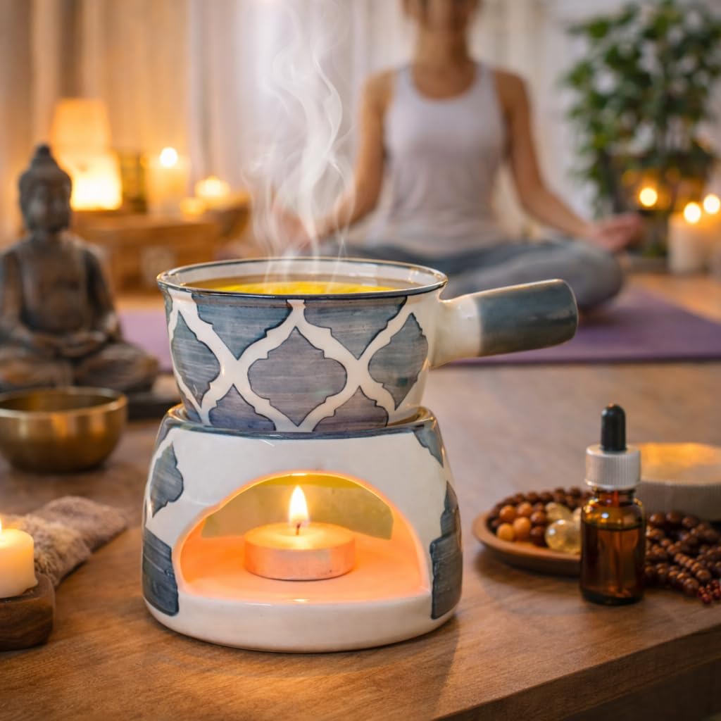 KunhaR Ceramic Aroma Diffuser and Oil Burner, Multi-Purpose Fondue for Essential Oils, Camphor and Wax Melts, Home Office Meditation Use (Grey)
