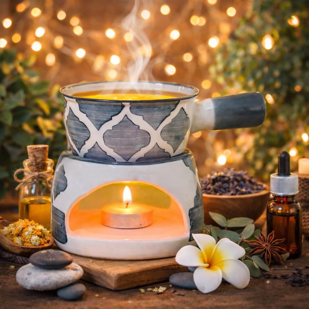 KunhaR Ceramic Aroma Diffuser and Oil Burner, Multi-Purpose Fondue for Essential Oils, Camphor and Wax Melts, Home Office Meditation Use (Grey)