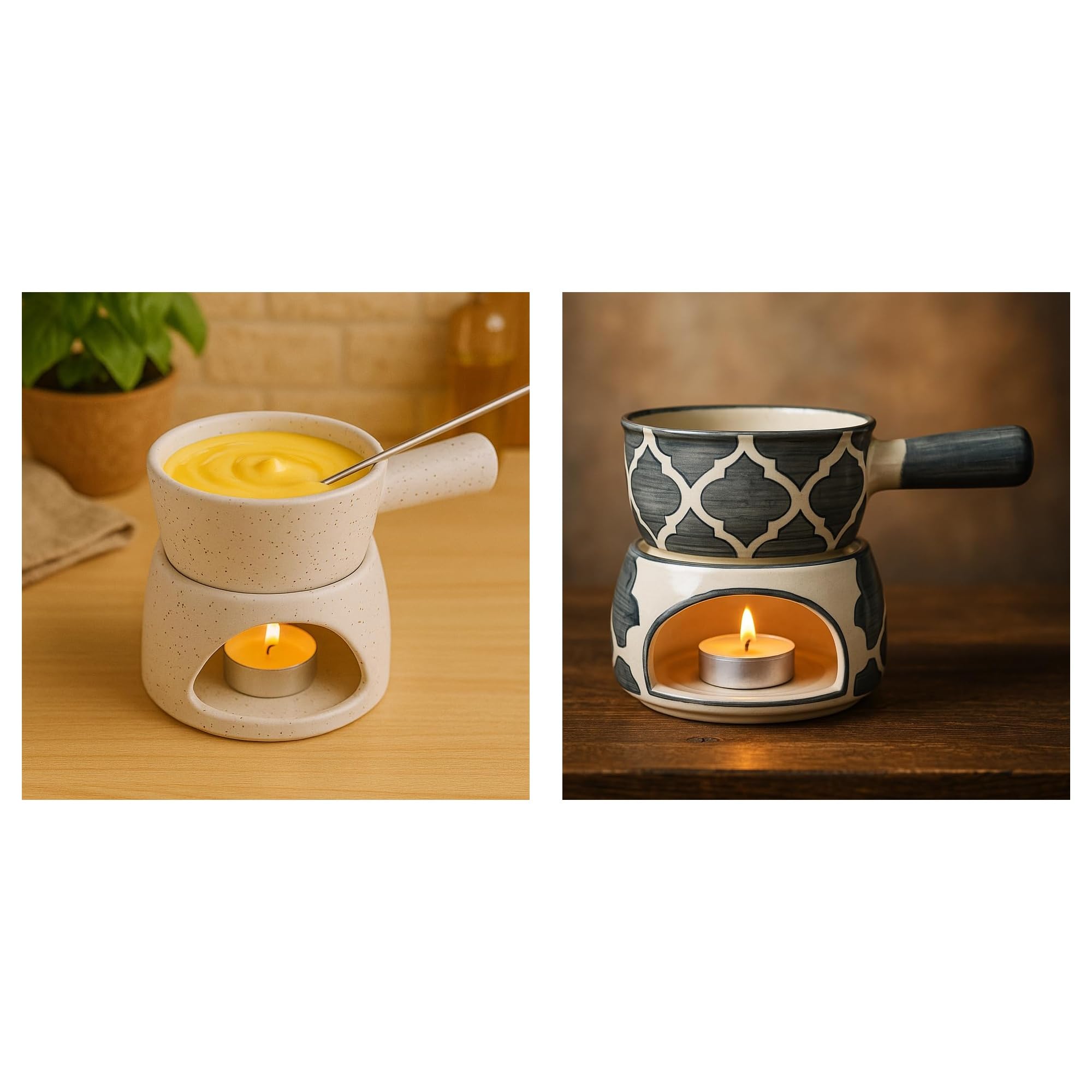 KunhaR Ceramic Fondue Set Pack of 2 (2 Piece of Fondue Set, 4 Tea Light Candle), White Matt & Grey