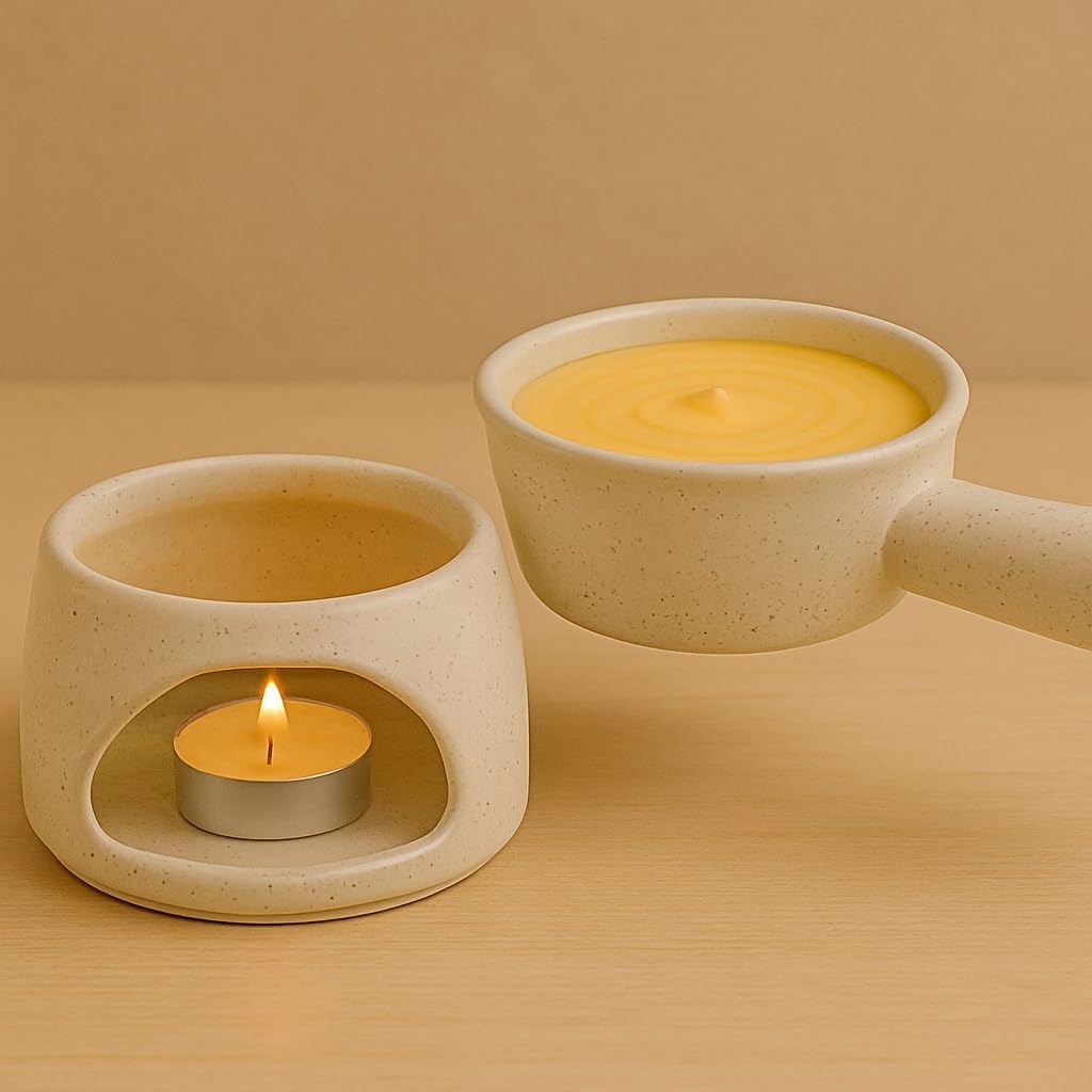 KunhaR Ceramic Fondue Set Pack of 2 (2 Piece of Fondue Set, 4 Tea Light Candle), White Matt & Grey