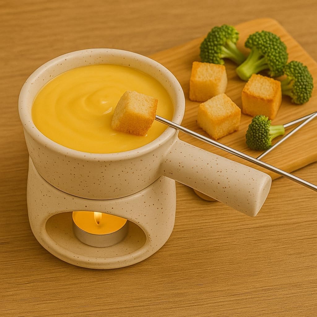 KunhaR Ceramic Fondue Set Pack of 2 (2 Piece of Fondue Set, 4 Tea Light Candle), White Matt & Grey