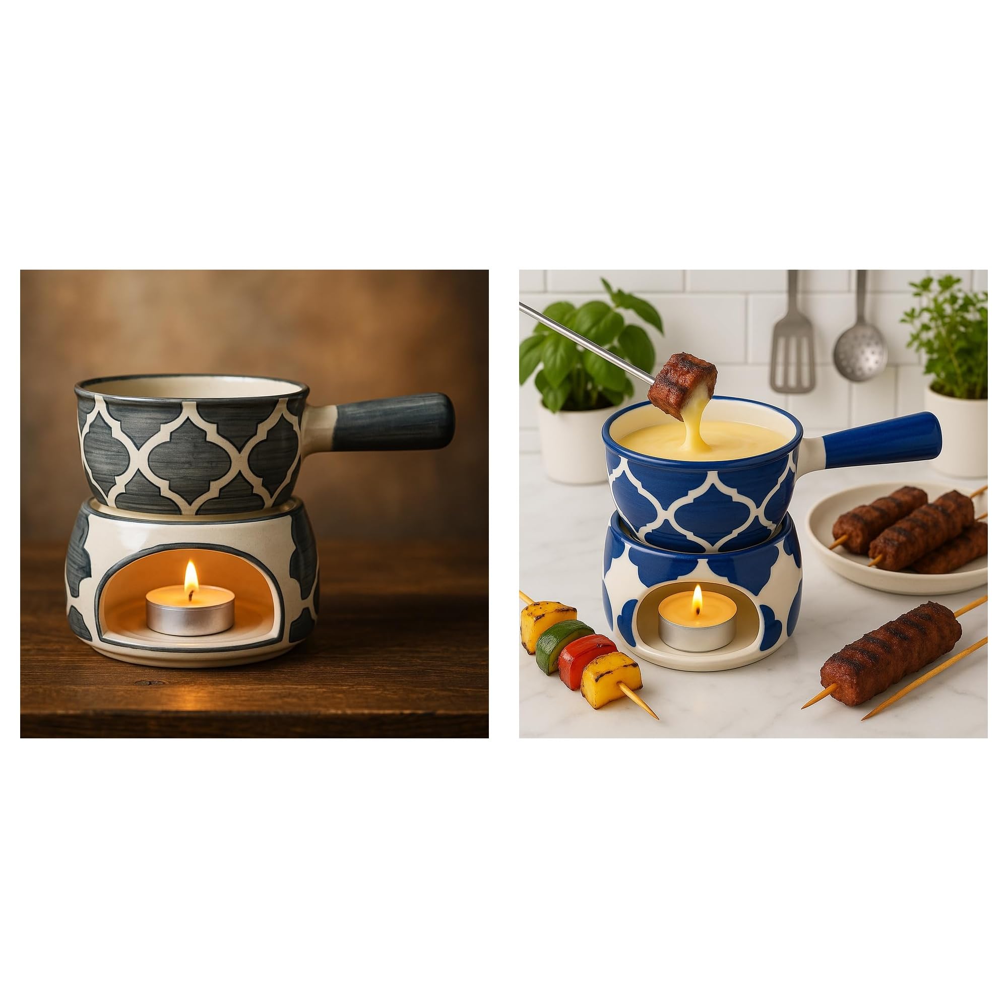 KunhaR Ceramic Fondue Set Pack of 2 (2 Piece of Fondue Set, 4 Tea Light Candle), Grey & Blue Chidi