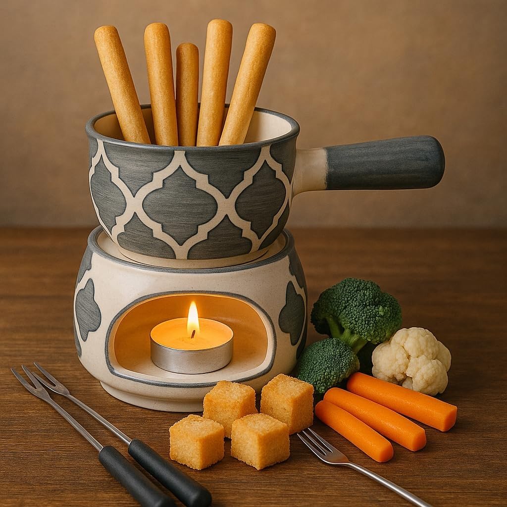 KunhaR Ceramic Fondue Set Pack of 2 (2 Piece of Fondue Set, 4 Tea Light Candle), Grey & Blue Chidi