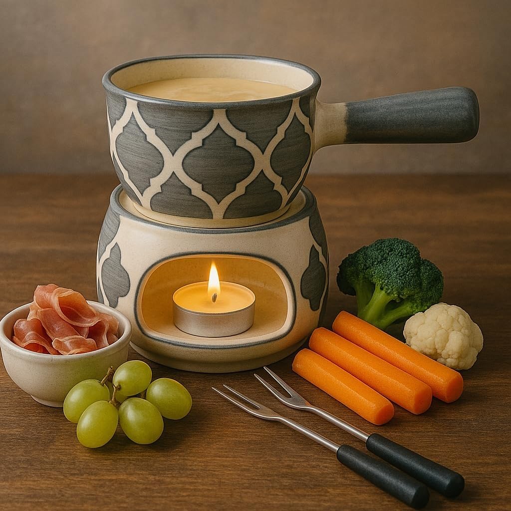 KunhaR Ceramic Fondue Set Pack of 2 (2 Piece of Fondue Set, 4 Tea Light Candle), Grey & Blue Chidi