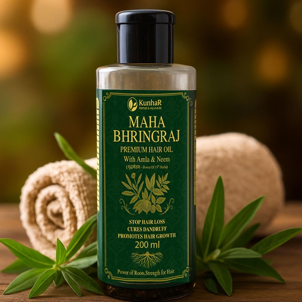 KunhaR Maha Bhringraj Premium Hair Oil with Amla & Neem - 200 ml (Pack of 1) - Reduces Hair Fall, Cures Dandruff – Ayurvedic Herbal Formula – Power of Roots