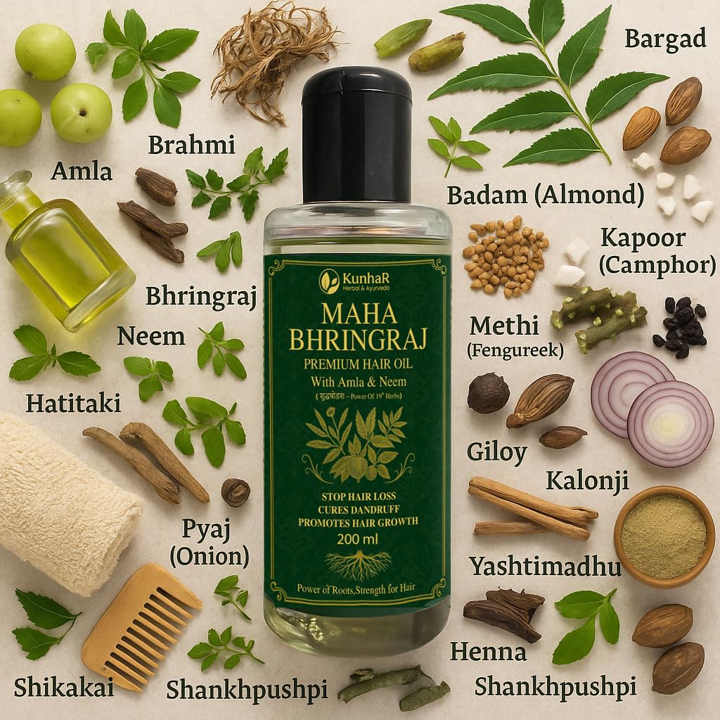 KunhaR Maha Bhringraj Premium Hair Oil with Amla & Neem - 200 ml (Pack of 1) - Reduces Hair Fall, Cures Dandruff – Ayurvedic Herbal Formula – Power of Roots