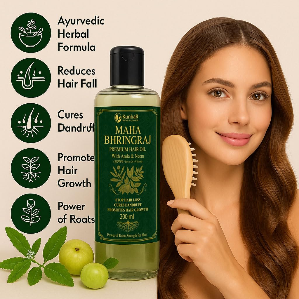KunhaR Maha Bhringraj Premium Hair Oil with Amla & Neem - 200 ml (Pack of 1) - Reduces Hair Fall, Cures Dandruff – Ayurvedic Herbal Formula – Power of Roots