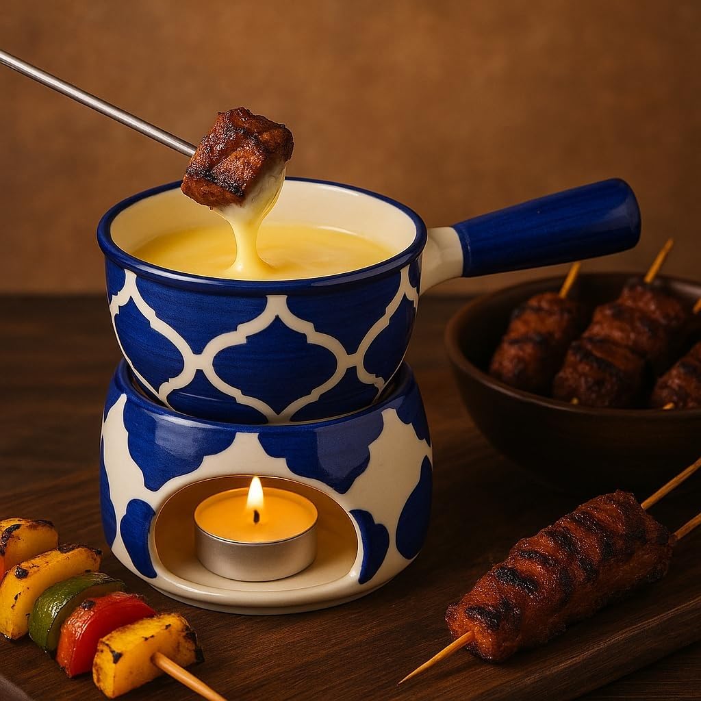 KunhaR Ceramic Fondue Set Pack of 2 (2 Piece of Fondue Set, 4 Tea Light Candle), White Matt & Blue Chidi