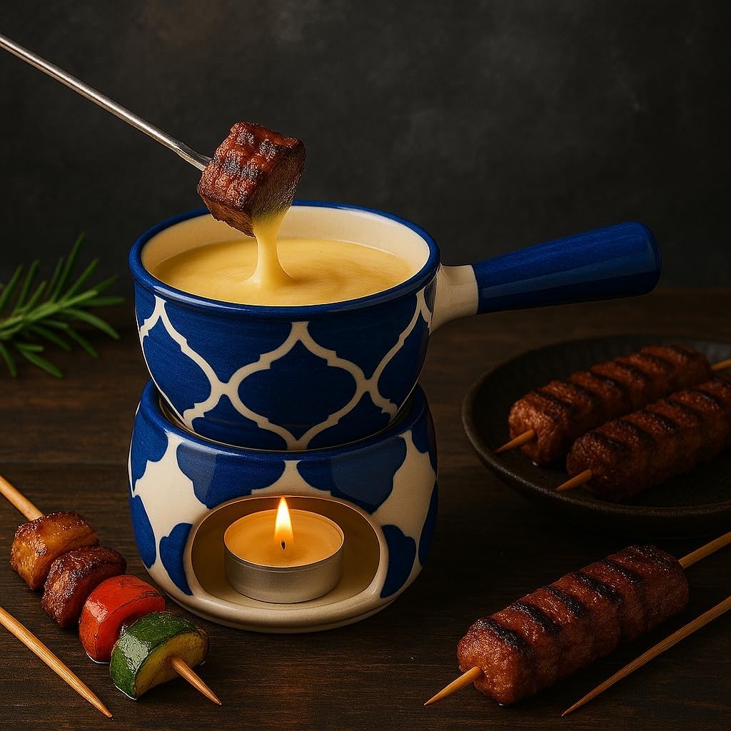 KunhaR Ceramic Fondue Set Pack of 2 (2 Piece of Fondue Set, 4 Tea Light Candle), White Matt & Blue Chidi