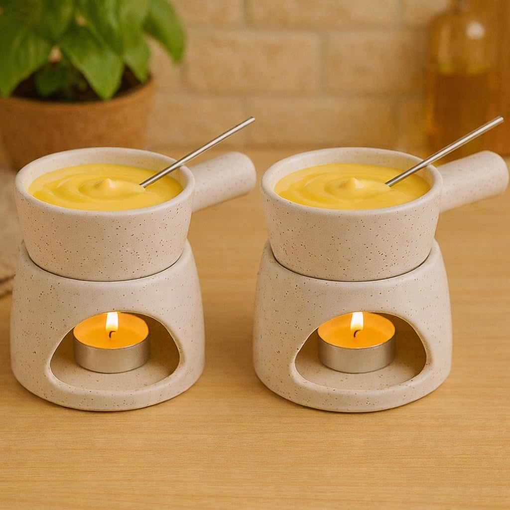 KunhaR Ceramic Fondue Set with Tea Light, 2 Pieces (White)