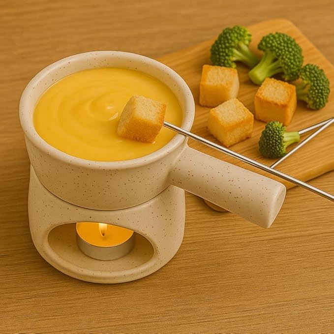 KunhaR Ceramic Fondue Set with Tea Light, 2 Pieces (White)