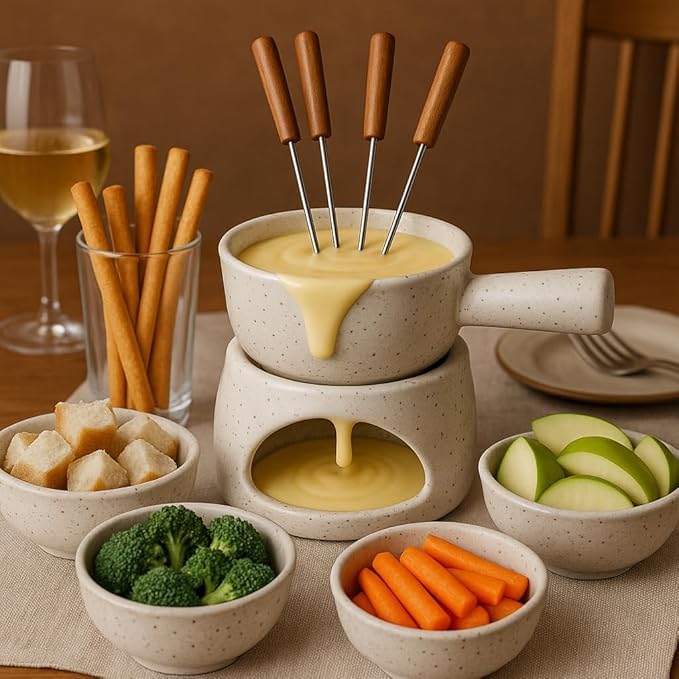 KunhaR Ceramic Fondue Set with Tea Light, 2 Pieces (White)