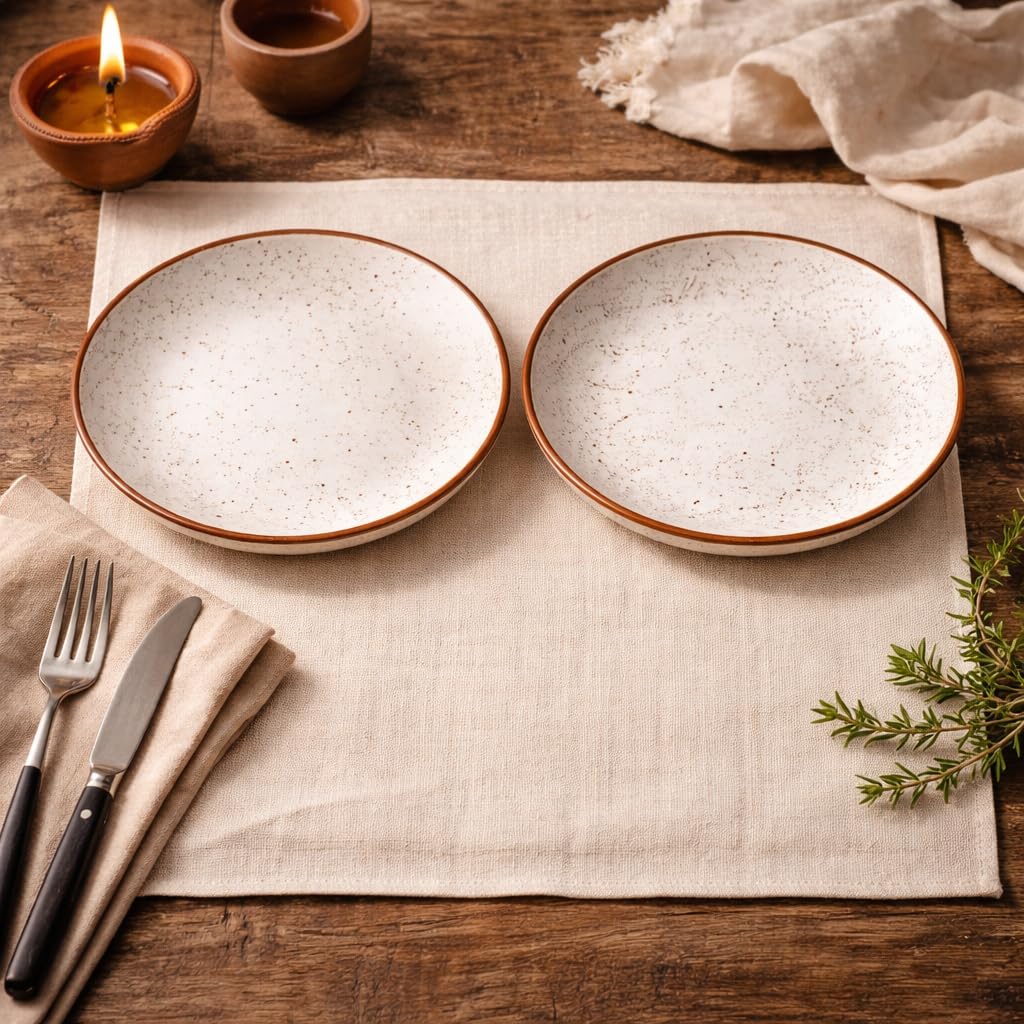 Kunhar Ceramic Dinner Plates 10 Inch Set of 2 | Rustic Ivory Speckled Finish | Premium Glazed Stoneware | Microwave & Dishwasher Safe | Serving Plates for Dinner, Pasta & Salad