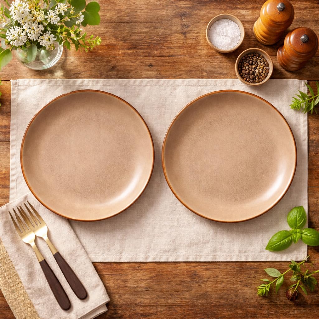 Kunhar Ceramic Dinner Plates Set of 2, 10 Inch | Rustic Ivory Speckled Finish with Brown Rim | Premium Glazed Stoneware | Microwave & Dishwasher Safe | Dinner, Pasta & Salad Serving Plates