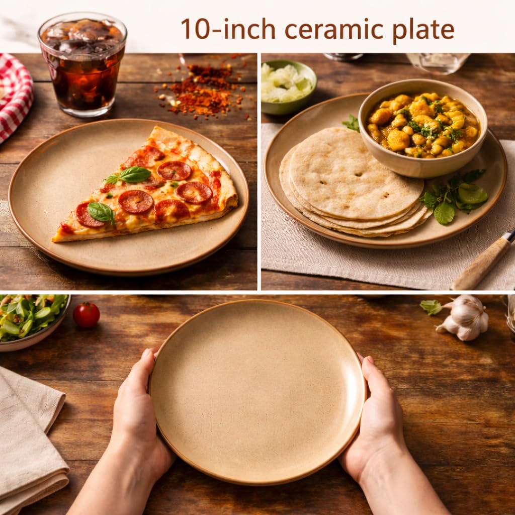 Kunhar Ceramic Dinner Plates Set of 2, 10 Inch | Rustic Ivory Speckled Finish with Brown Rim | Premium Glazed Stoneware | Microwave & Dishwasher Safe | Dinner, Pasta & Salad Serving Plates
