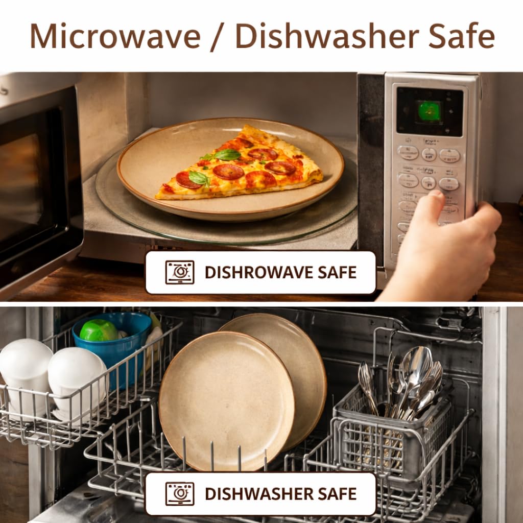 Kunhar Ceramic Dinner Plates Set of 2, 10 Inch | Rustic Ivory Speckled Finish with Brown Rim | Premium Glazed Stoneware | Microwave & Dishwasher Safe | Dinner, Pasta & Salad Serving Plates