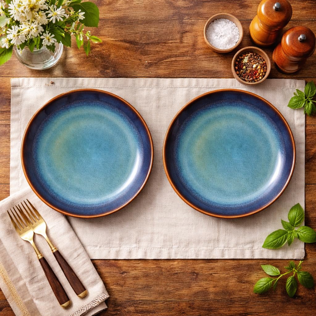 Kunhar Ceramic Dinner Plates Set of 2, 10 Inch | Blue Green Rustic Glaze with Dark Brown Rim | Premium Stoneware | Microwave & Dishwasher Safe | Serving Plates for Dinner, Pasta & Salad