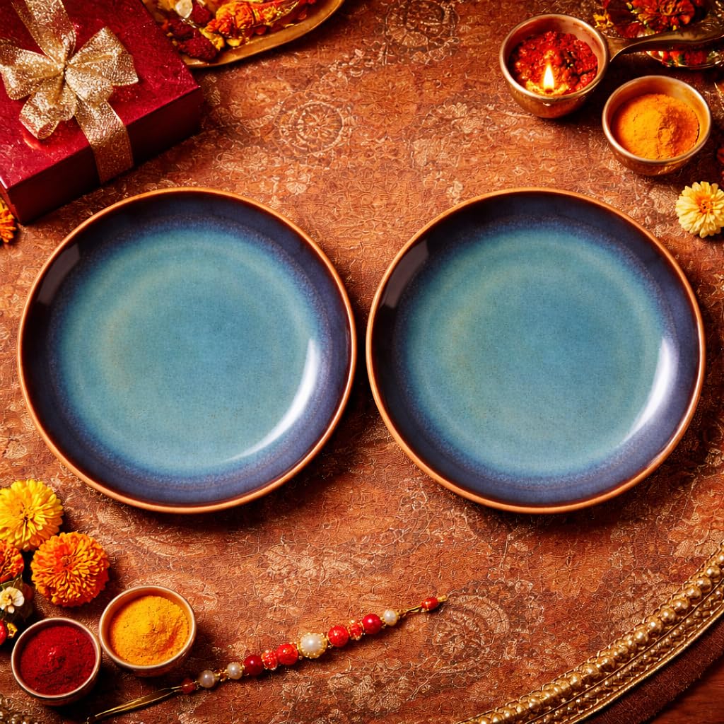 Kunhar Ceramic Dinner Plates Set of 2, 10 Inch | Blue Green Rustic Glaze with Dark Brown Rim | Premium Stoneware | Microwave & Dishwasher Safe | Serving Plates for Dinner, Pasta & Salad