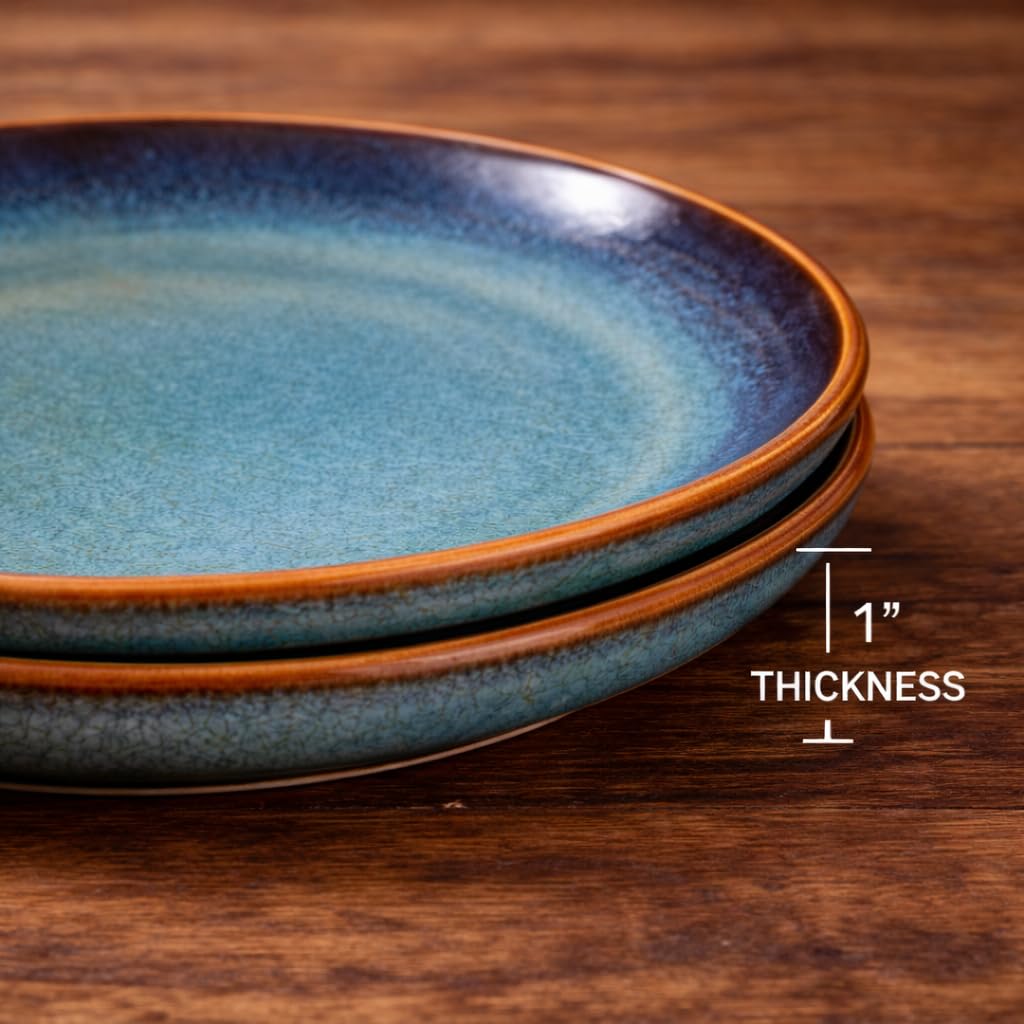 Kunhar Ceramic Dinner Plates Set of 2, 10 Inch | Blue Green Rustic Glaze with Dark Brown Rim | Premium Stoneware | Microwave & Dishwasher Safe | Serving Plates for Dinner, Pasta & Salad