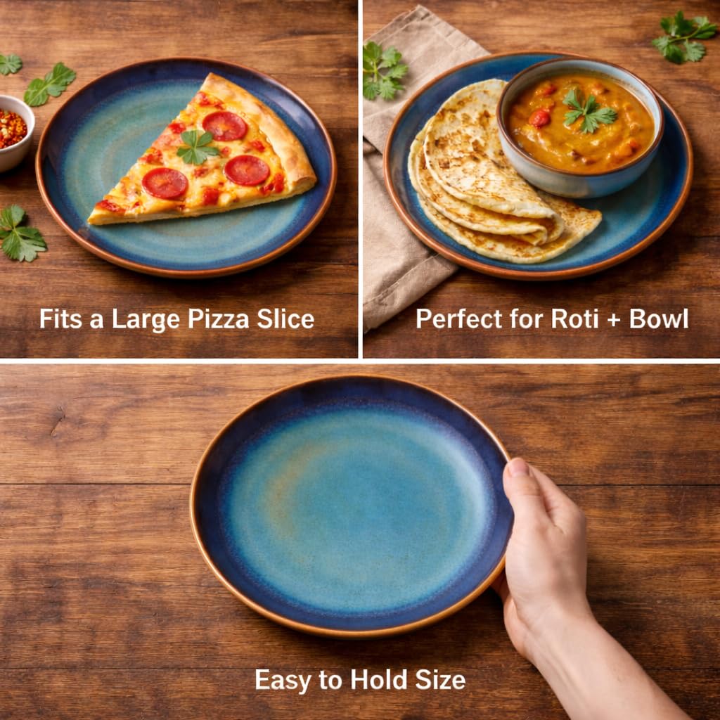 Kunhar Ceramic Dinner Plates Set of 2, 10 Inch | Blue Green Rustic Glaze with Dark Brown Rim | Premium Stoneware | Microwave & Dishwasher Safe | Serving Plates for Dinner, Pasta & Salad